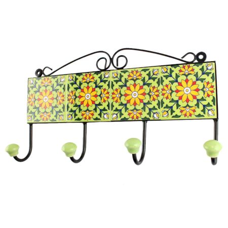 Sunflower Ceramic Tile Wall Hook in Pea Green